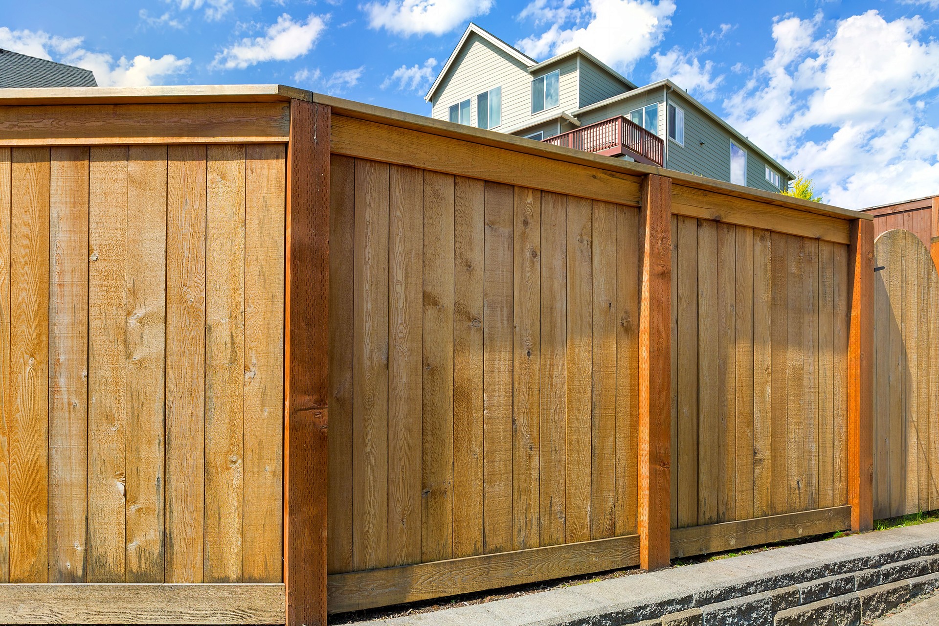 House backyard new wood fence with gate door in suburb