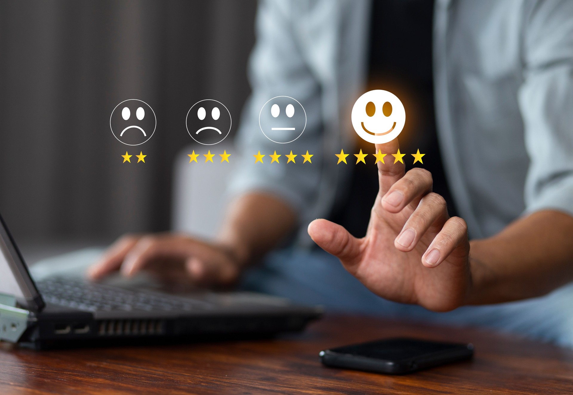 feedback review with happy smile icon and five star